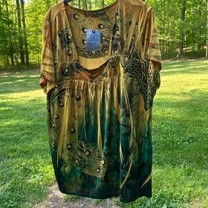 NWT peacock Unity blouse sz 2X, mustard yellow and green.